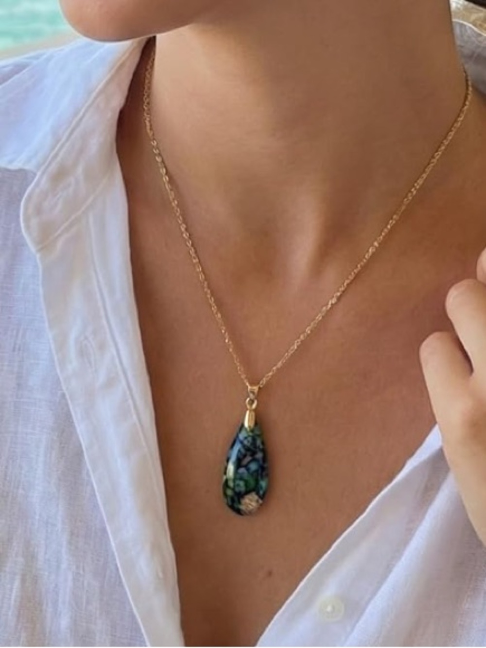 Anthropologie Gold Teardrop Pendant with Blue, Green & Yellow Inlay - Picture 3 of 5